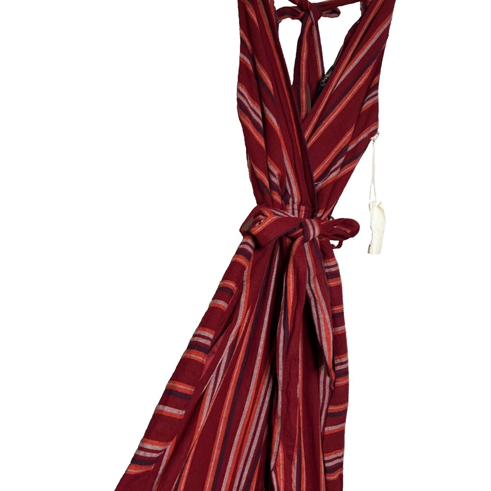Indigo Rein Red Jumpsuit M Linen Tie Open Back Striped Boho Cottage Festival NWT